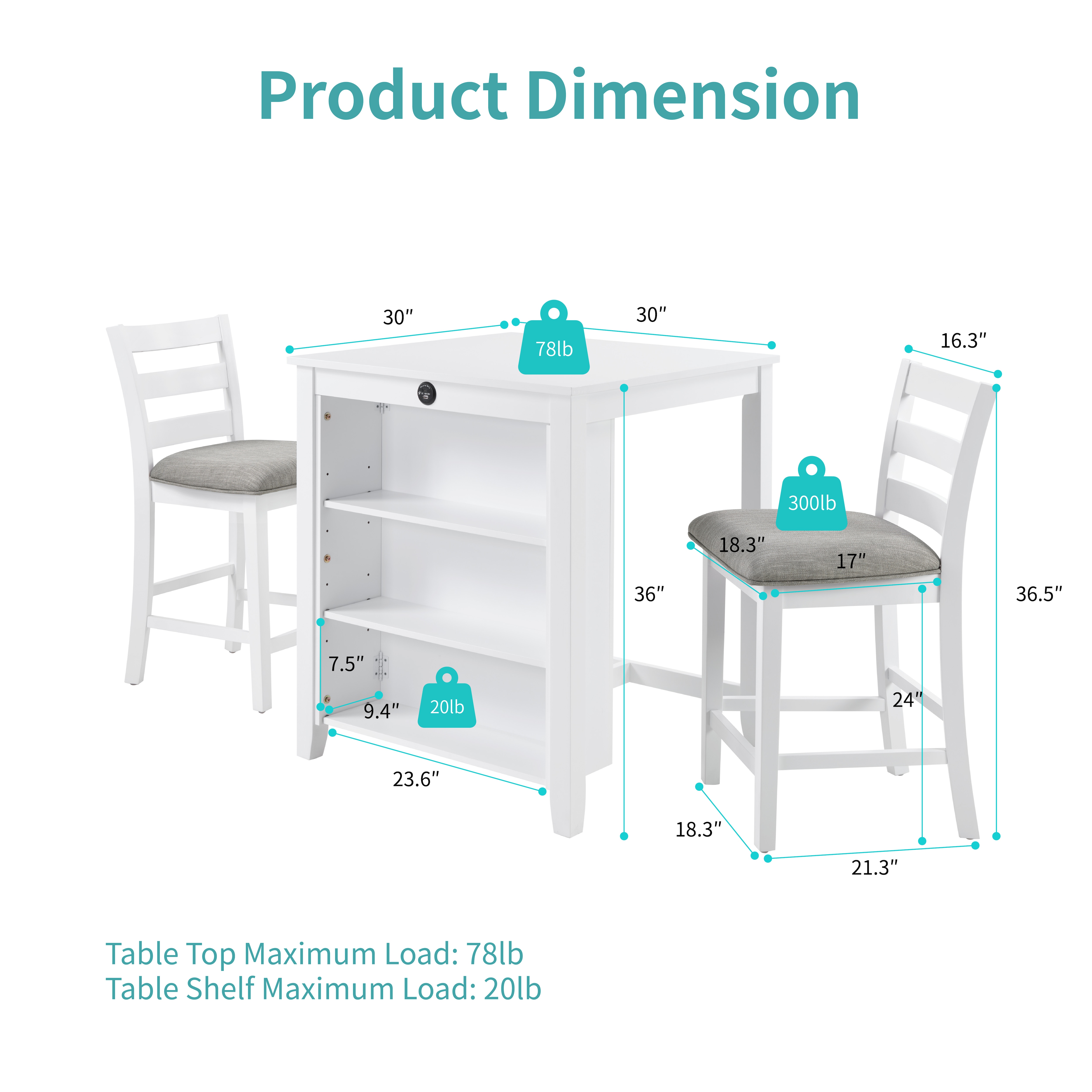 30" Modern Dining Table Set For 2 With Charging Station & 3-Tier Adjustable Storage | Space-Saving Kitchen Set With Upholstered Chairs For Small Spaces, Apartment,White_voghion.com